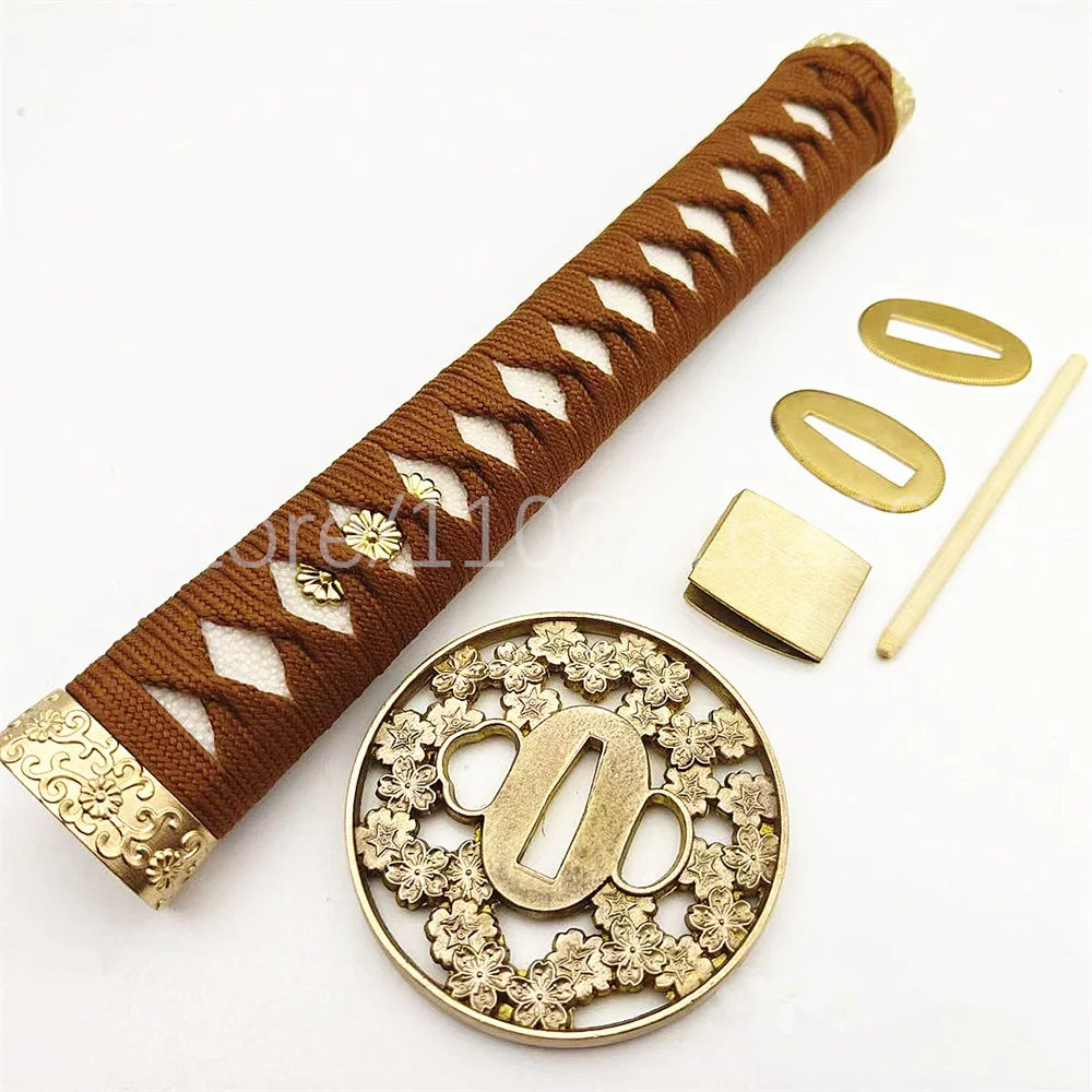 A Set Sakura Handle Real Rayskin Tsuka Brass Handguard Tsuba Habaki Seppa For Japanese Samurai Katana Sword Fittings
