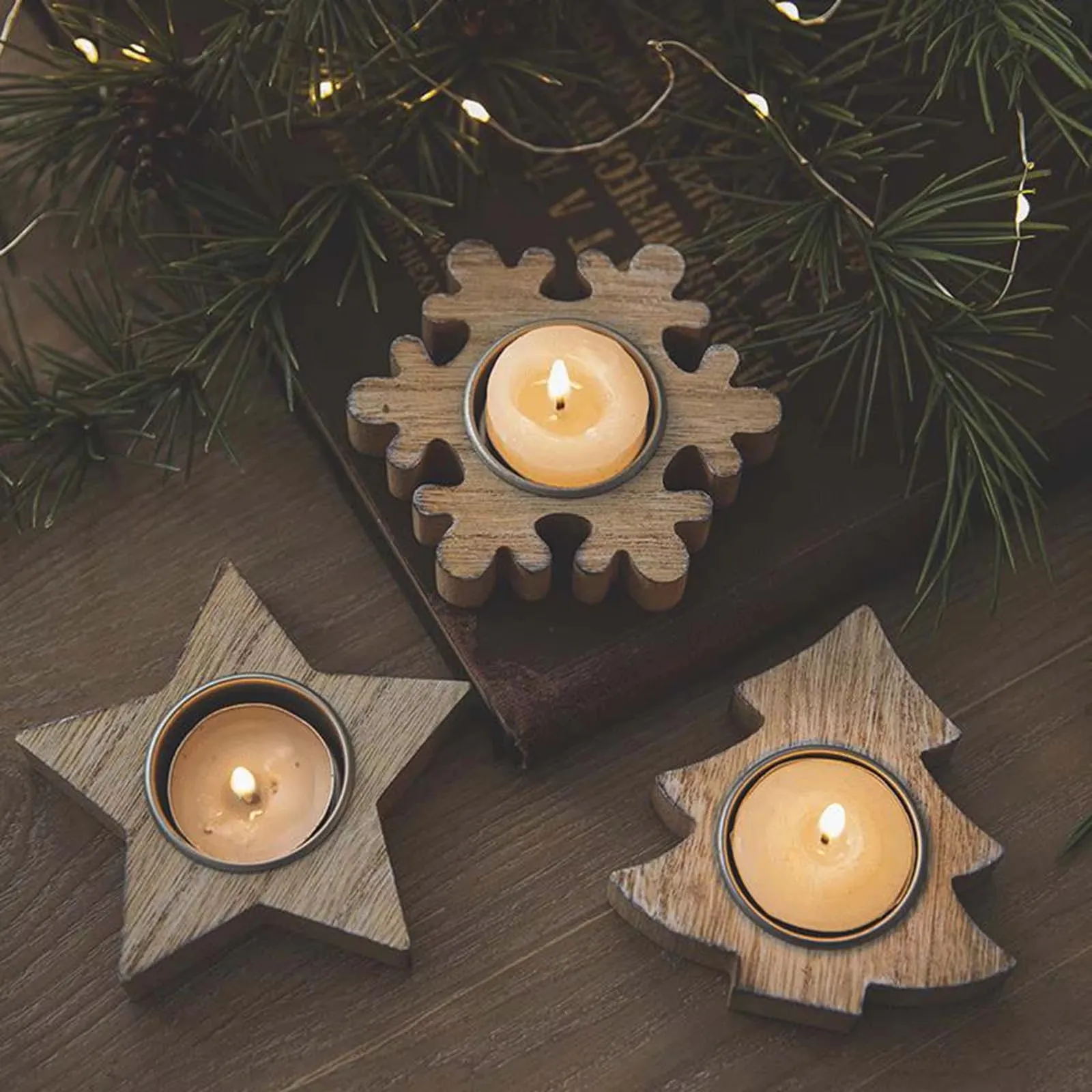 1/3pc Wooden Xmas Snowflake Candlestick Christmas Tree Shape Candle Holder For Home Decor New Year Party Christmas Decoration