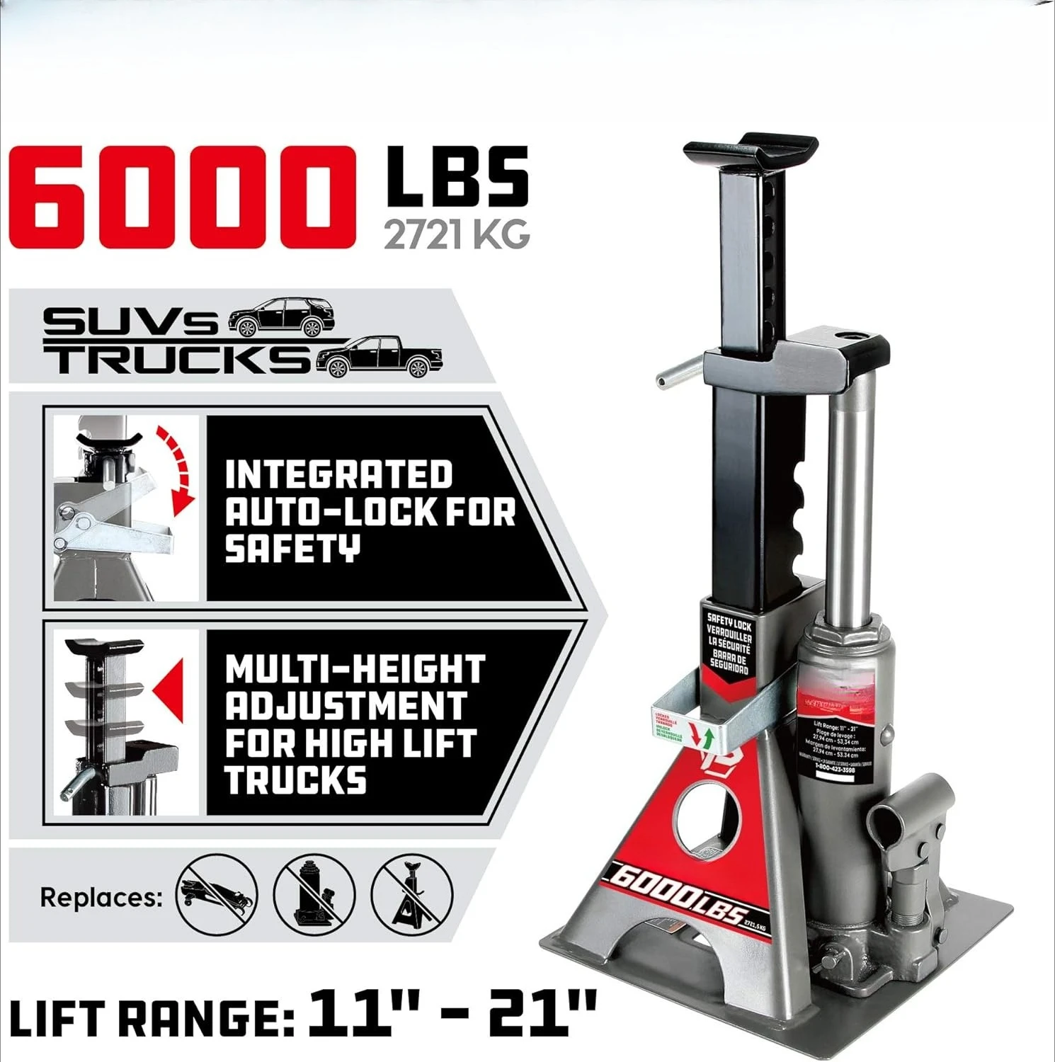 

3 Ton, Bottle Jack and Jack Stands in One, 6000 Pound Capacity,All-in-One Car Lift, Heavy Duty Vehicle Unijack, Wide Base,620471