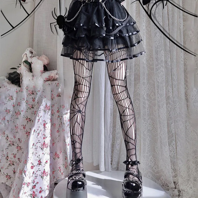 Cross Print Fish Net Tights Long High Nylon Socks Hollow Out Black Fishnet Woman Halloween Costume Women's Pantyhose Lolita