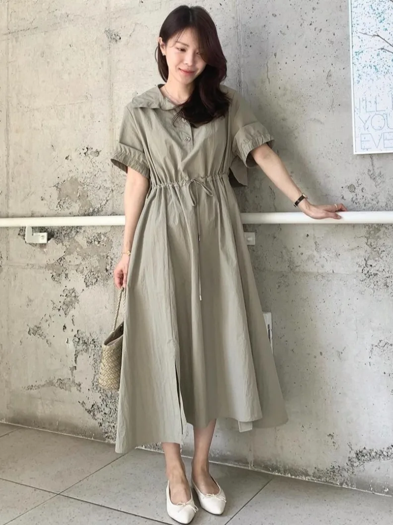 Ele Lungo al ginocchio Dstring Colletto in vita Dr Chic Summer Dongda Gate Sle Midi da donna Dr Chic Summer Dr