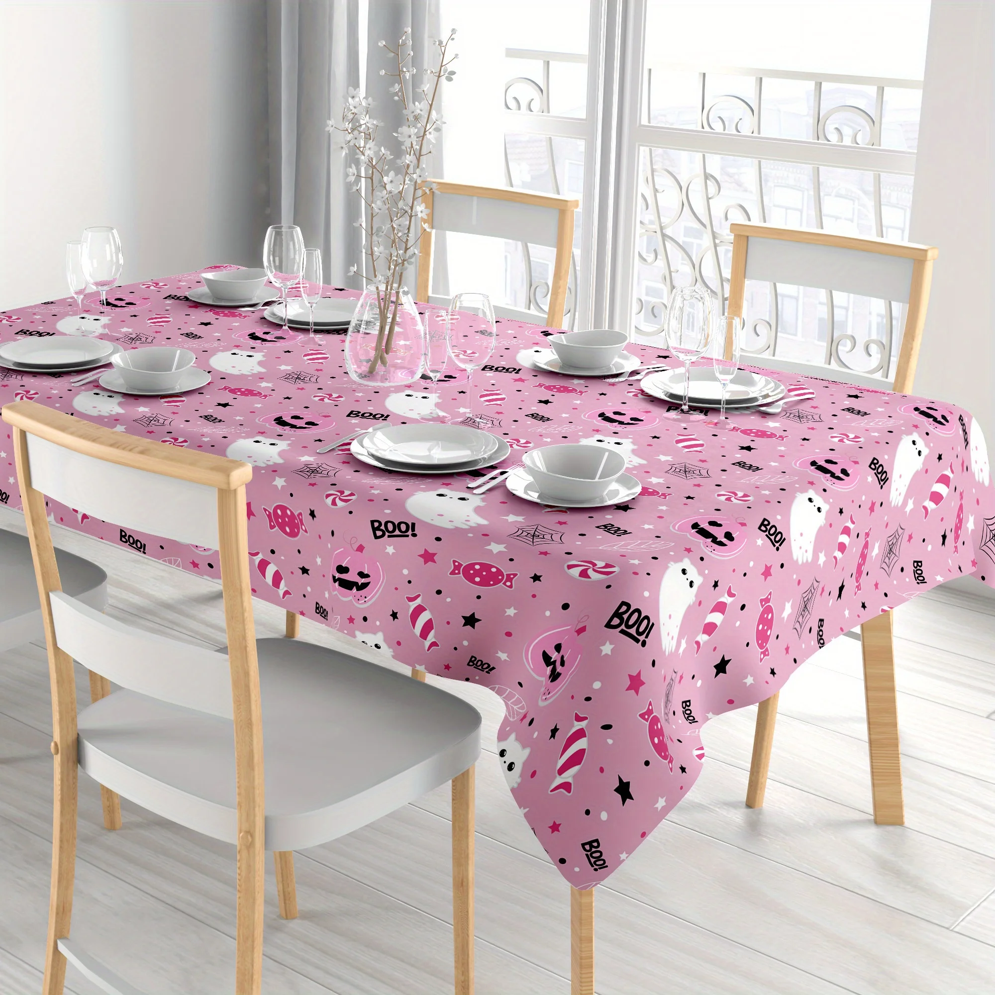 One polyester tablecloth featuring cute pink pumpkin, candy and cat patterns for Halloween theme.PMJ