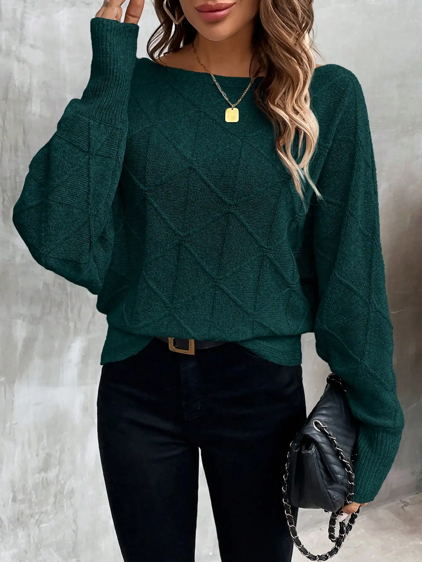 

Женский повседневный свободный вязаный свитер с геометрическим узором и рукавами «летучая мышь»