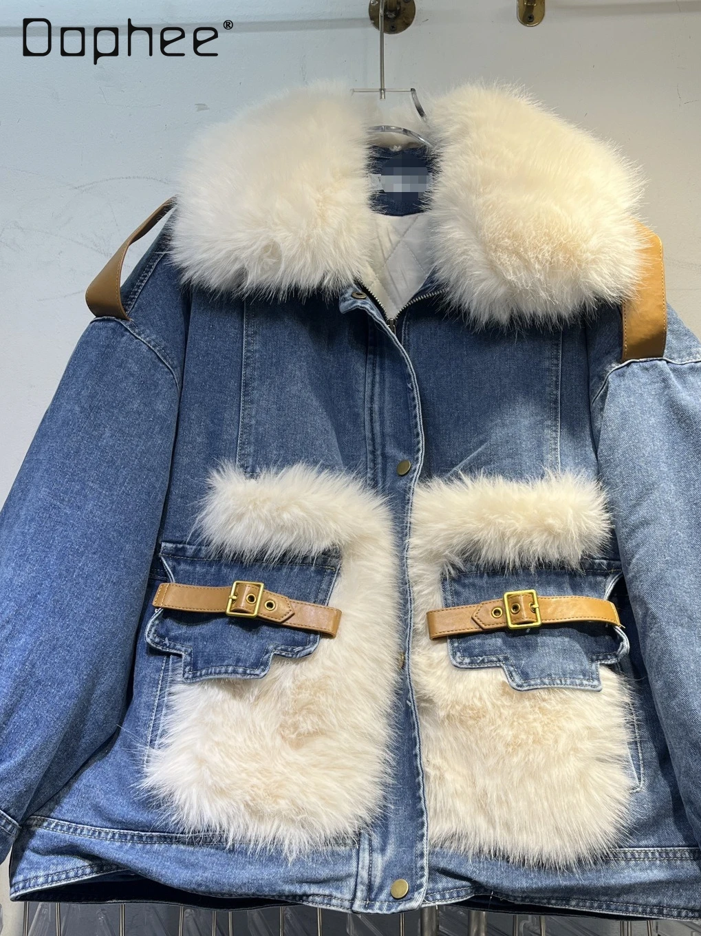 

Environmental-Friendly Fox Fur Patchwork Denim Thickened Warm Coat Winter Korean Ins Trendy Lapel Loose Slimming Coat for Women