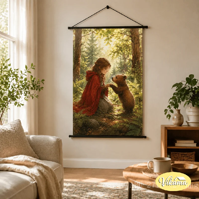 VIKAMA Vertical Watercolor Hanging Scroll Little Girl Watering Tulip Garden Canvas Poster Wall Hanging Nursery Room Decor
