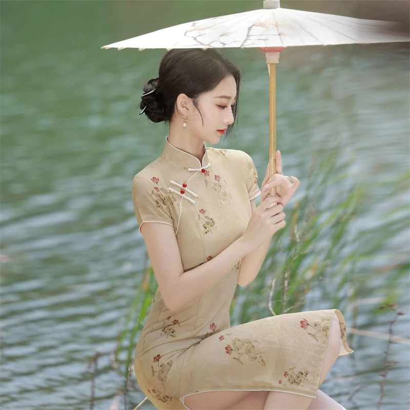 Khaki Print Cheongsam New Chinese Style Costume Imitation Ramie Clothing Stand Collar Short Sleeved Side Slit Slim Fit Dress