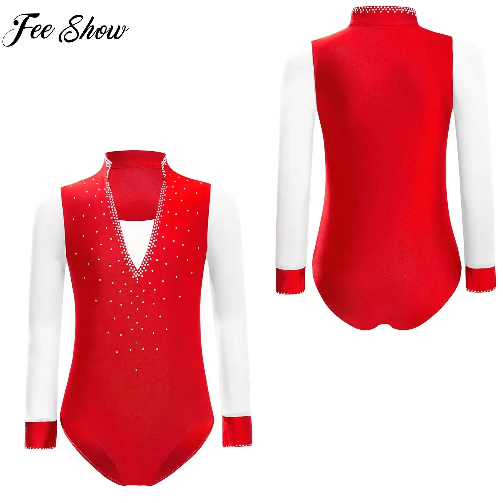 

Kids Ballet Leotards Long Sleeve Fashion Rhinestones Leotard Sheer Mesh Body Suit Boys Gymnastics Leotard Skating Dance Clothes