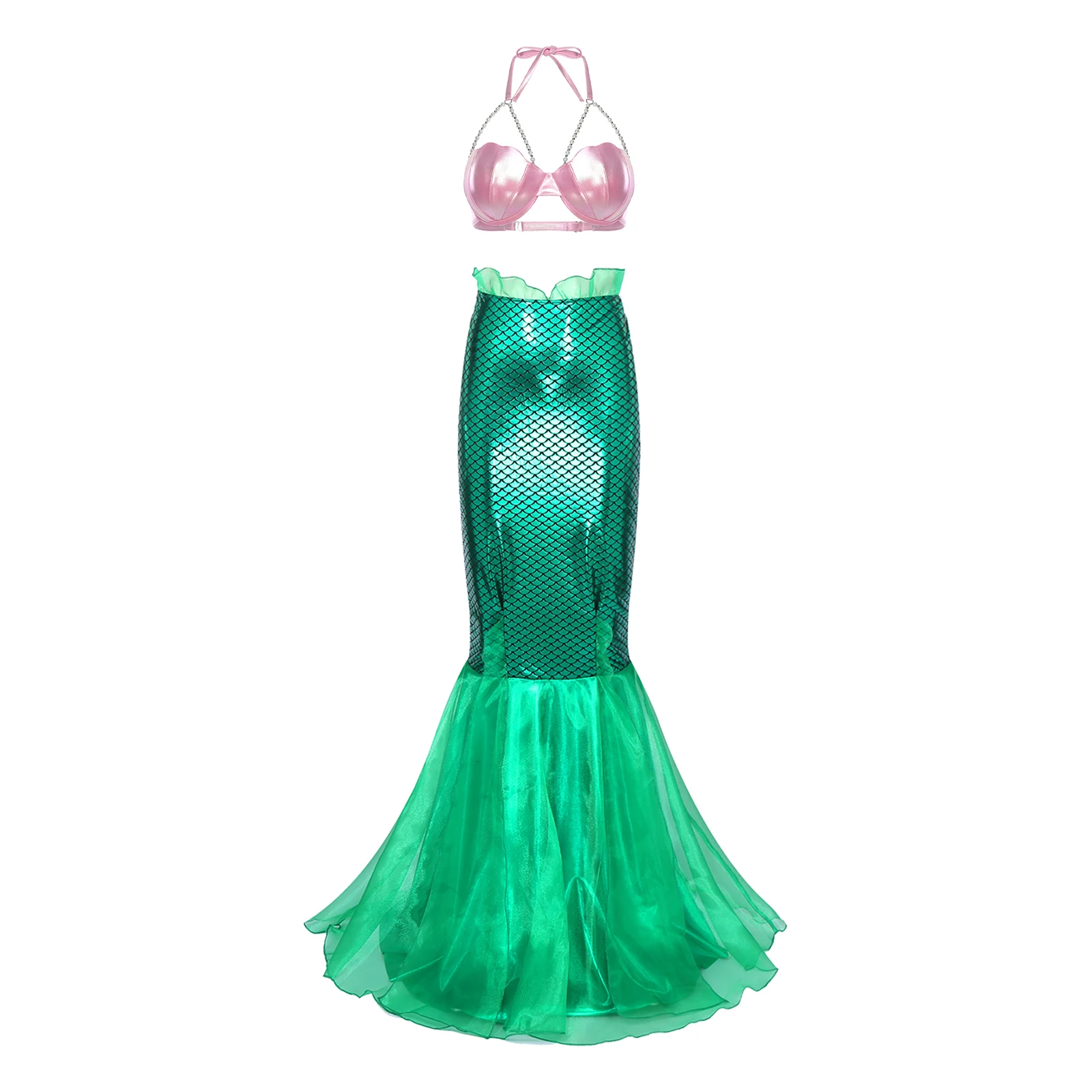 

Women Mermaid Cosplay Costume Halloween Cosplay Party Fish Scale Print Tulle Skirt And Shell-shaped Bra Themed Dress-up Costume