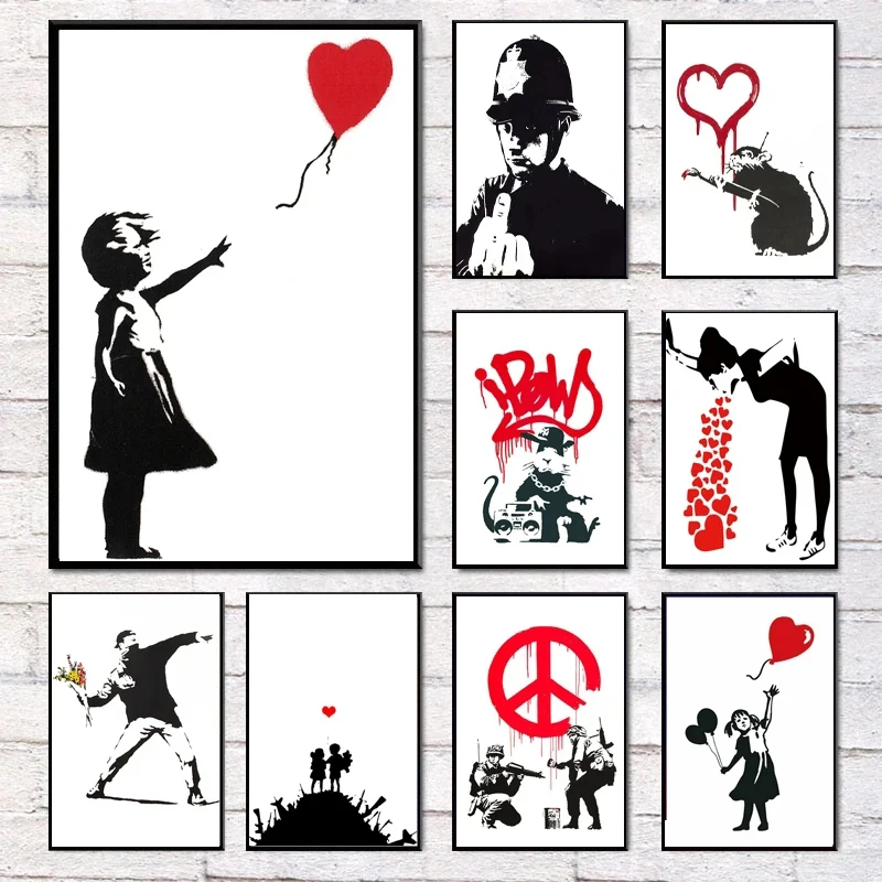 

Banksy Art Girl and Red Balloon Nordic Characters Canvas Painting Mural Poster For Living Room Bedroom Bar Home Decor Frameless