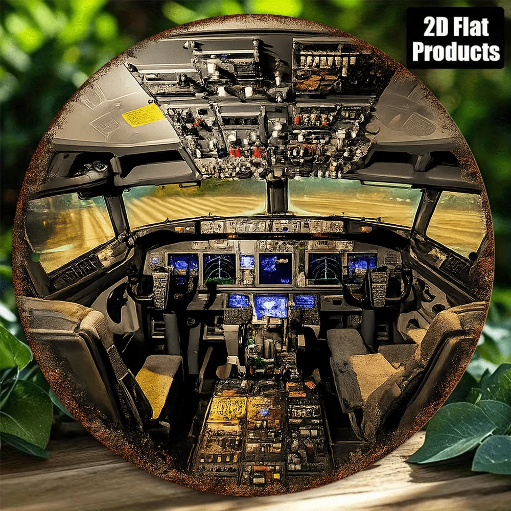 Vintage Metal Tin Sign, Airplane Cockpit Full Control Panel Rust Round Tin Sign, 2D Flat Pilot Aviation Man Cave Wall Decor