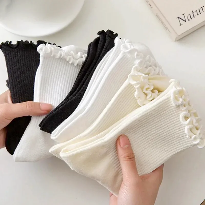 5 Pairs Socks for Women Girl Korean Japanese Ruffles Cotton Middle Tube Ankle Short Breathable Solid Black White Spring Autumn