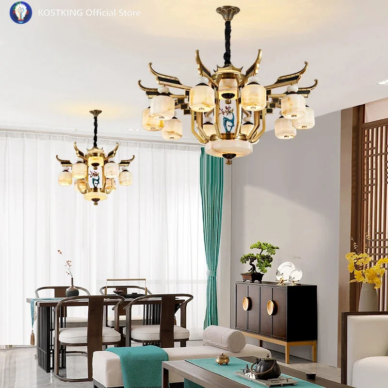 New Chinese Zinc Alloy Chandelier Vintage Villa Chandelier duplex Jade Lift Empty Living Room Light Room Light