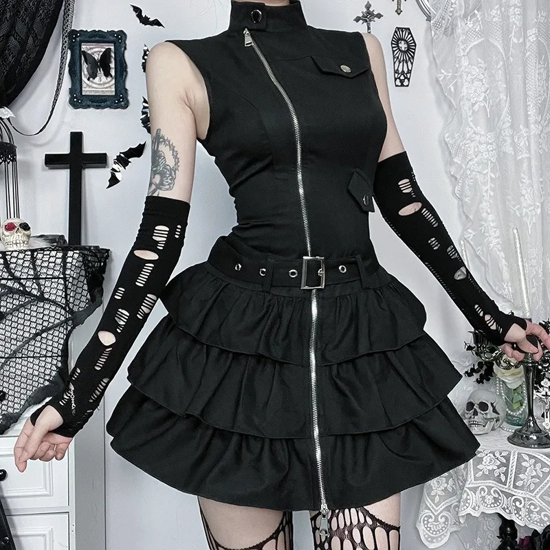 Kimutomo Y2kแขนกุดPunkผู้หญิงVINTAGE Harajukuคอซิปมินิเดรสฤดูร้อนRuffled Grunge Gothic PARTY