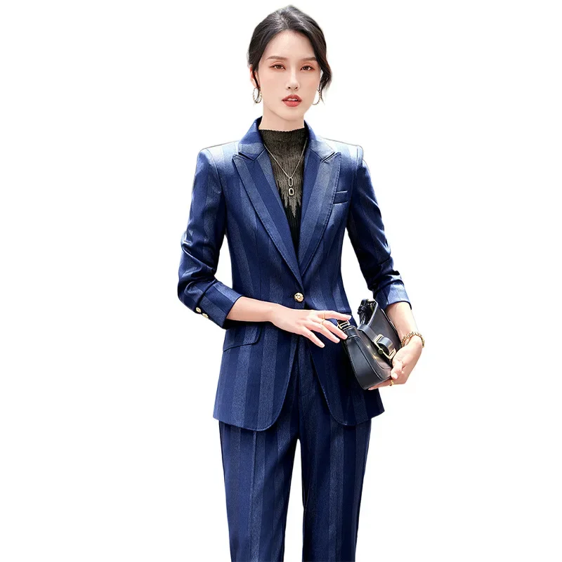 Pop Women Blazer Pants Sets Yellow Two Pieces 2024 Autumn Workwear Trousers Formal Striped Navy Blue Long Sleeve Tops Pantsuit