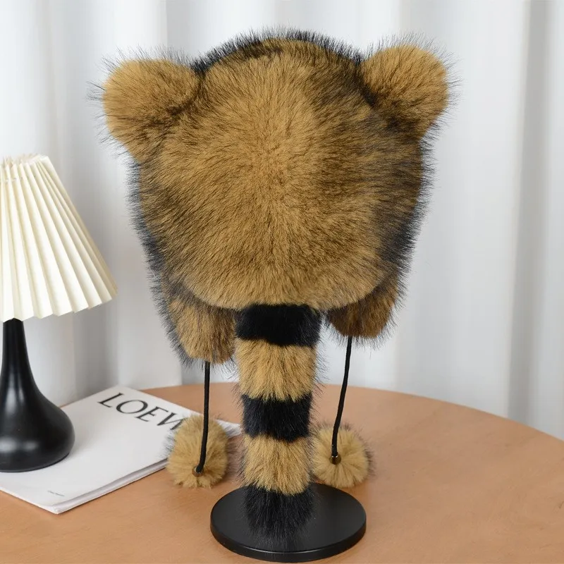 Thickened cold-proof plush hat for children boys and girls ear windproof cute fur with tail