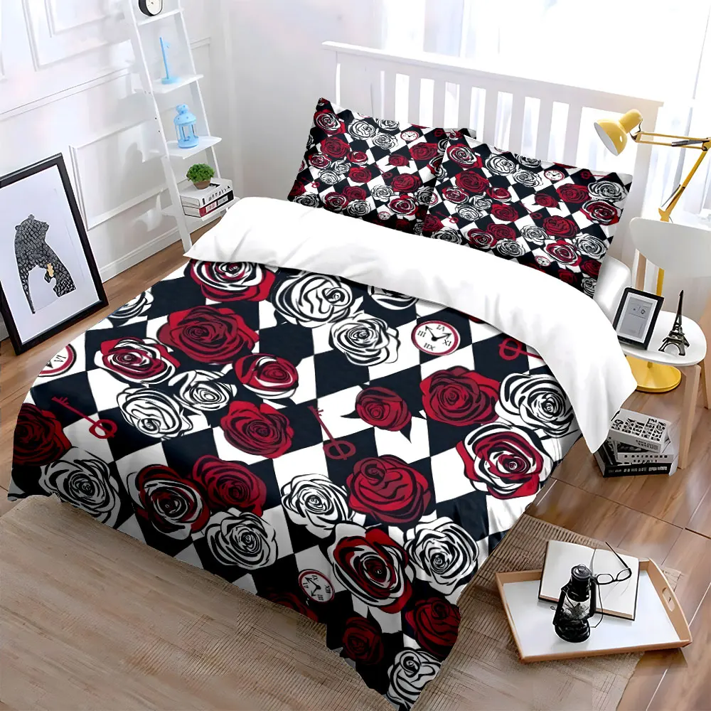 Red and white roses with checkered pattern Duvet Cover Set with 3D Printing Design Soft Polyester Bedding Set All-Season Comfort