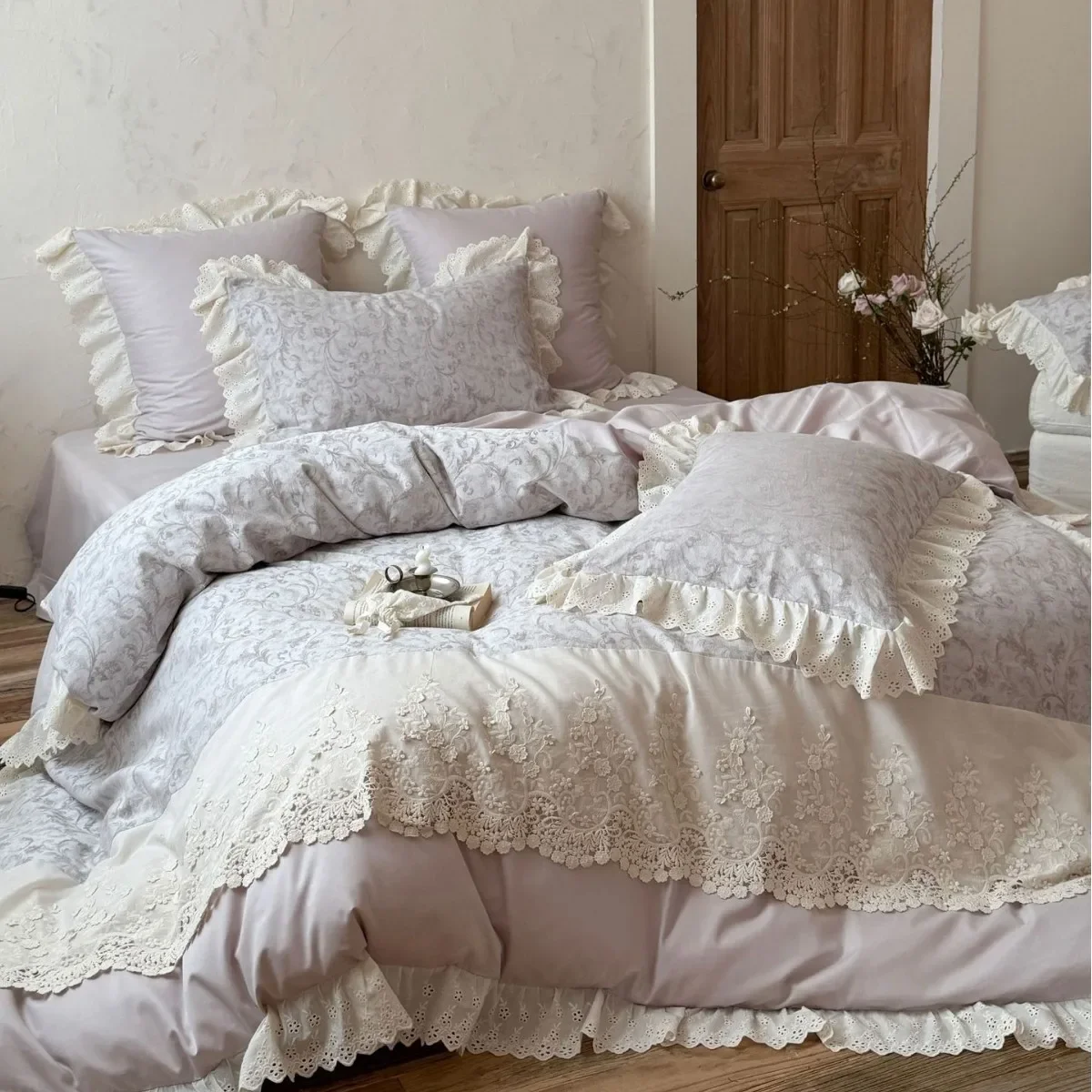 Vintage 1000-cotton long-staple cotton lace trim 4-piece set, vintage style dyed jacquard pure cotton duvet cover, bed sheet