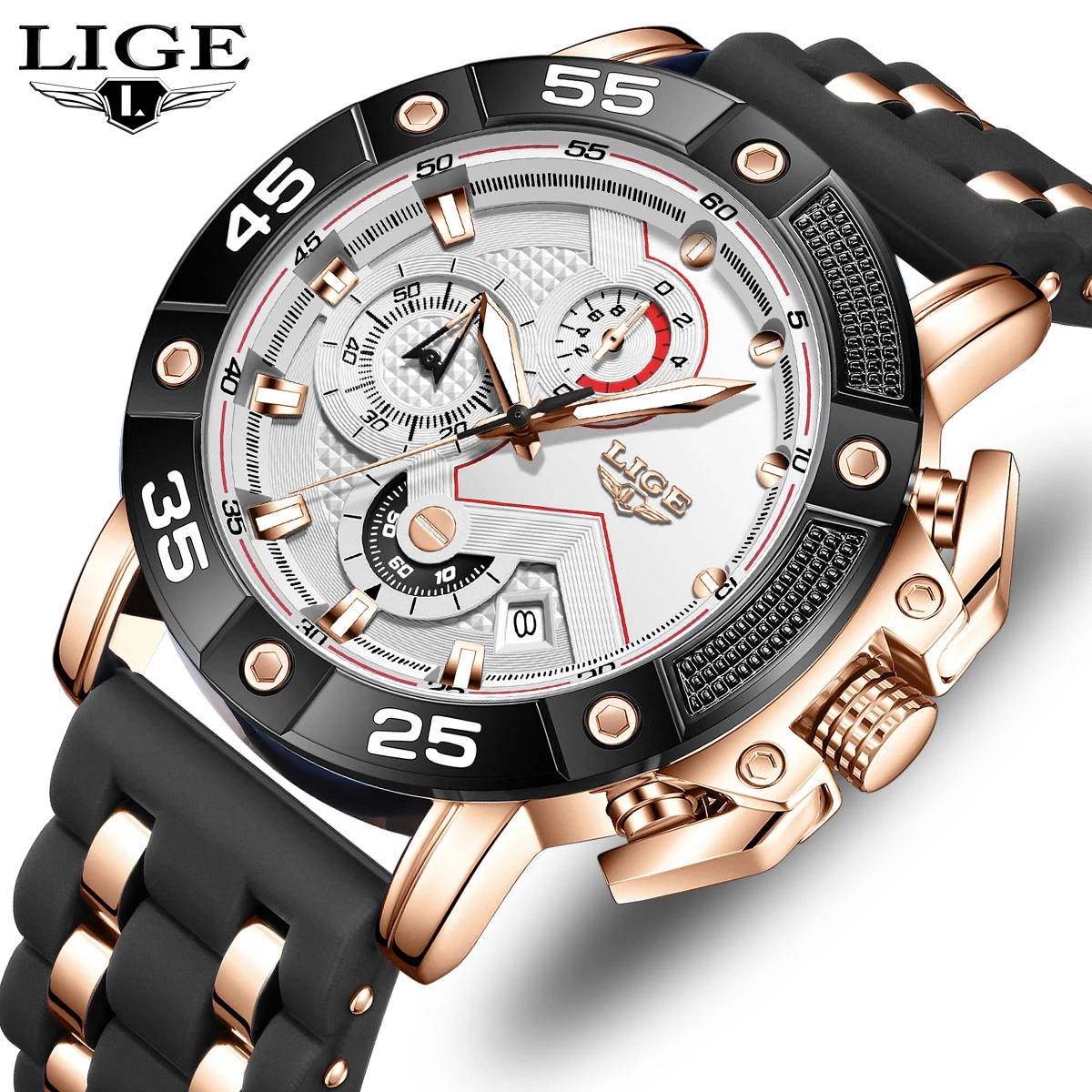 

LIGE Fashion Business Watch Mens Silicone Strap Sports Waterproof Quartz Watches Military Calendar Chronograph Watches for Men