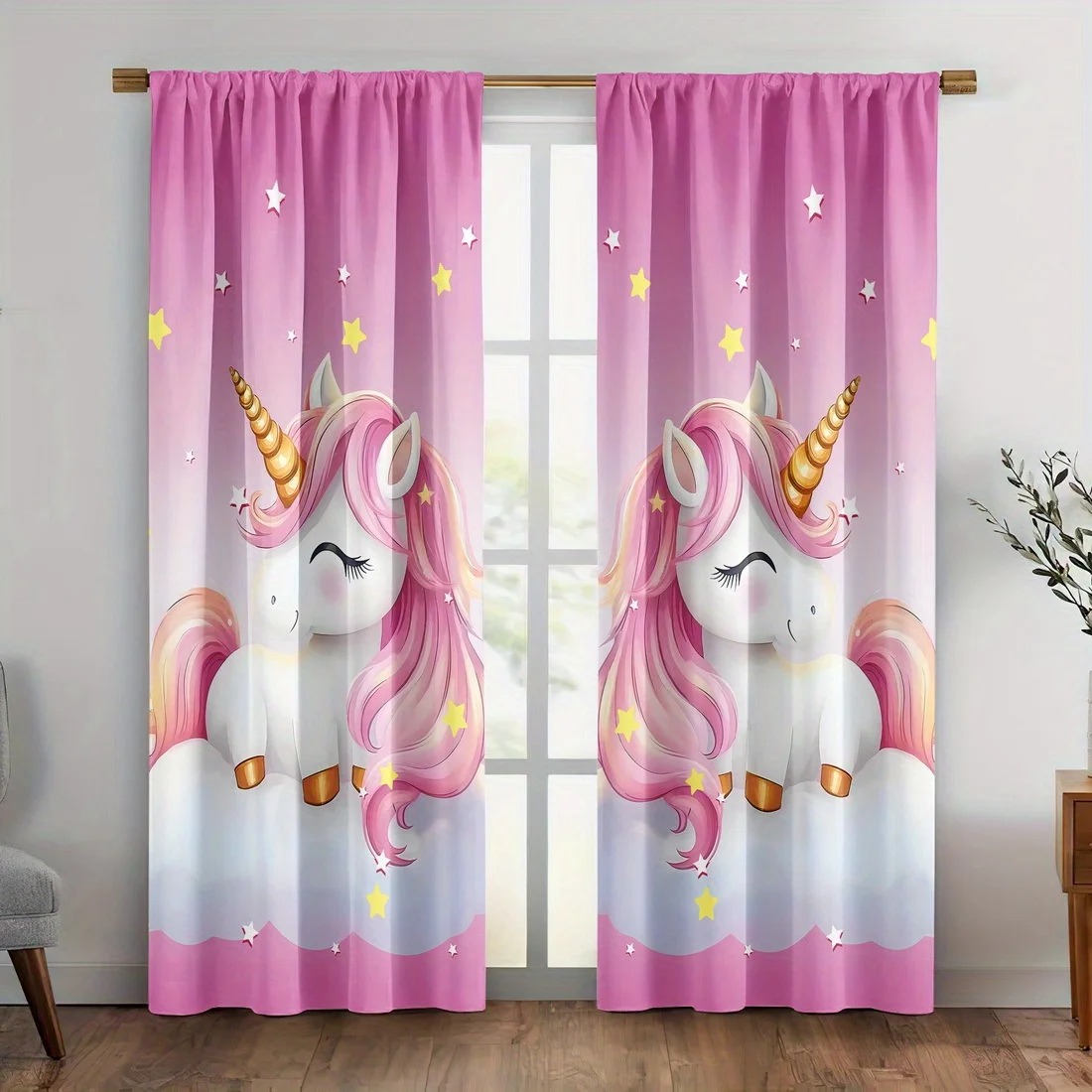 2pcs Unicorn Print Curtains Pink Gradient Star Pattern Polyester Window Drapes for Kids Room Girls Bedroom Dreamy Home Decor