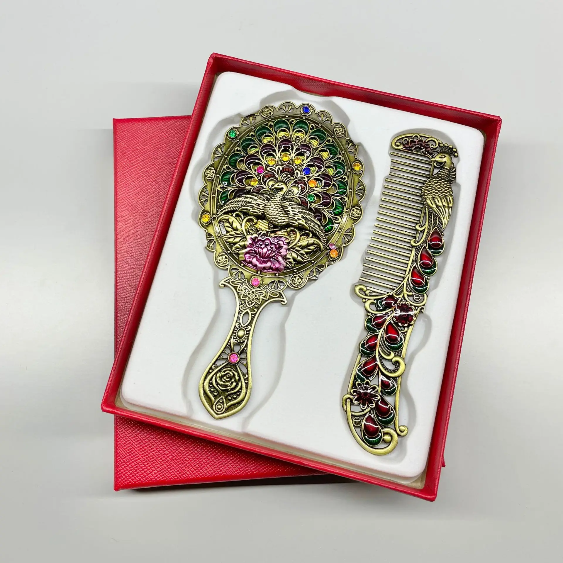 Creative Retro Peacock Open Screen Handheld Mirror&Comb Set,Handle Metal Makeup Mirror Portable Mirror Comb Set  Holiday Gift