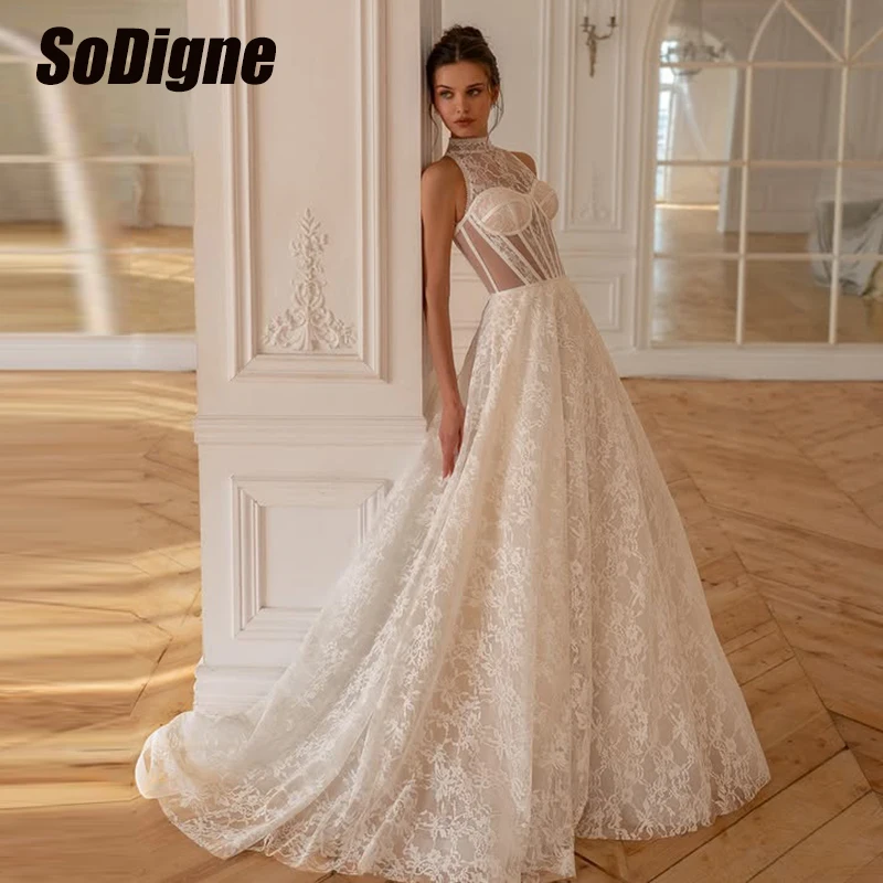 

SoDigne A-line Lace Wedding Dresses Sleeveless High Neck Bridal Dress Boho 2026 Long Bride Gown vestidos de novia Customized