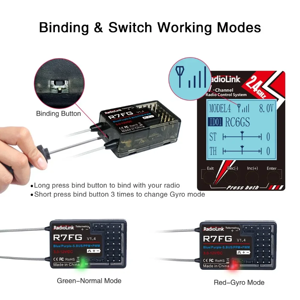 Radiolink R7FG Channle 2.4G Gyro RC Receiver Car Voltage Transmission Telemetry 600m Long Range RX for Crawler Drifting Car