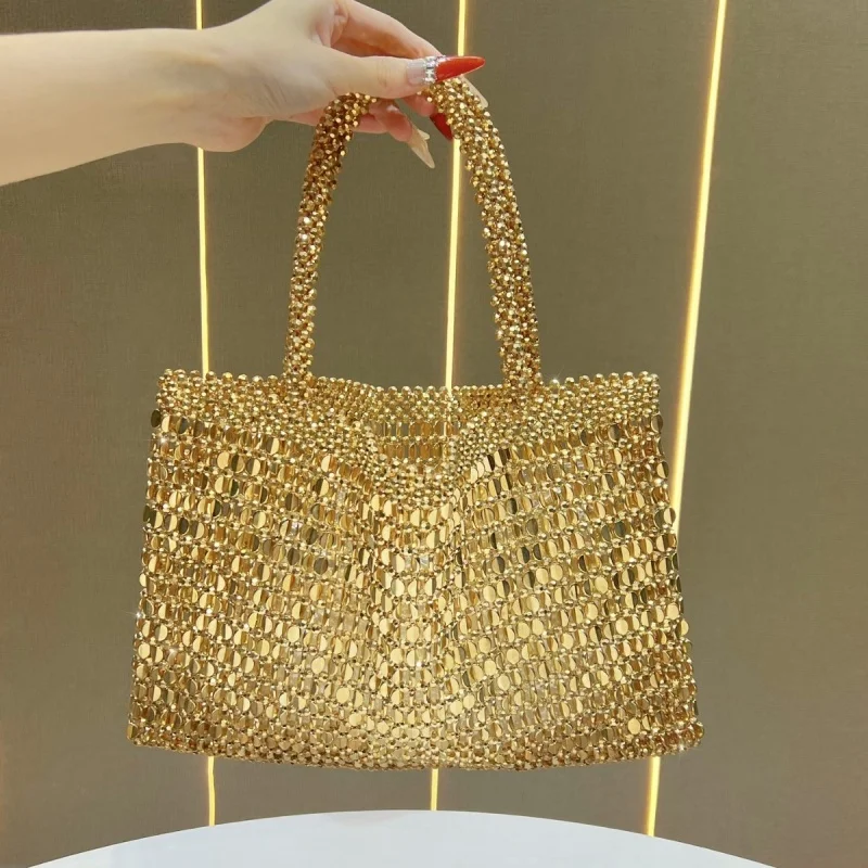 

Золотая акриловая женская плетеная сумка, большая вместительная сумка, роскошная универсальная сумка, модные полые дизайнерские женские сумки для покупок
