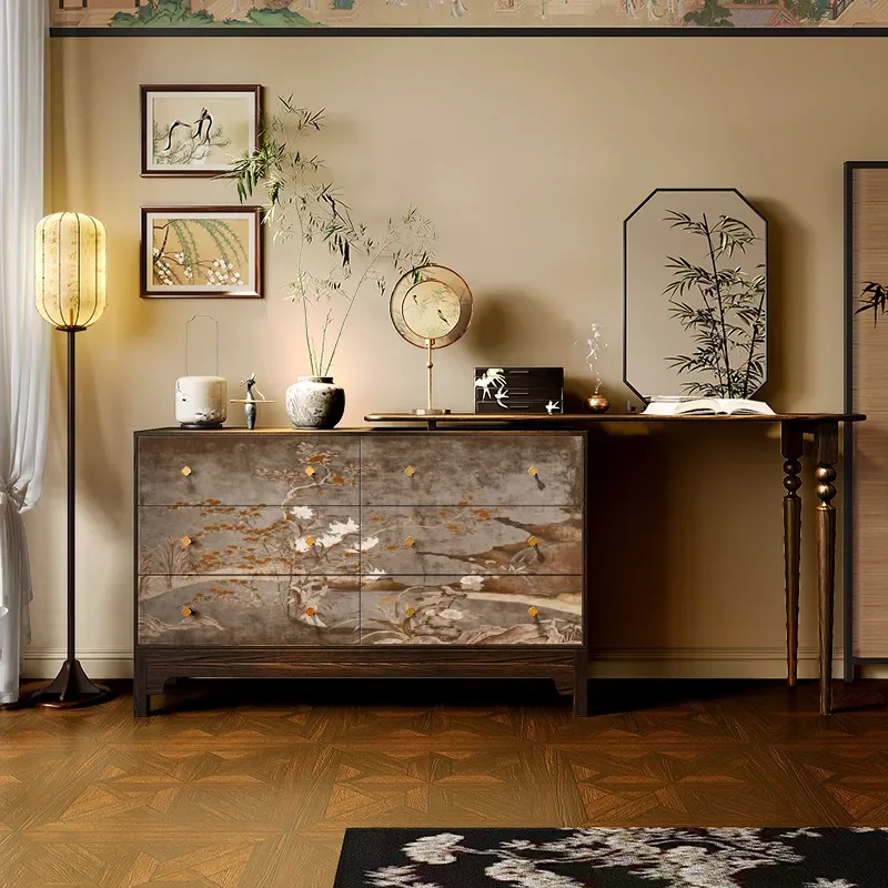 New Chinese Retro Light Luxury Solid Wood Porch Cabinet Chest Living Room Dining Side Cabinet Locker Song Style Aesthetic