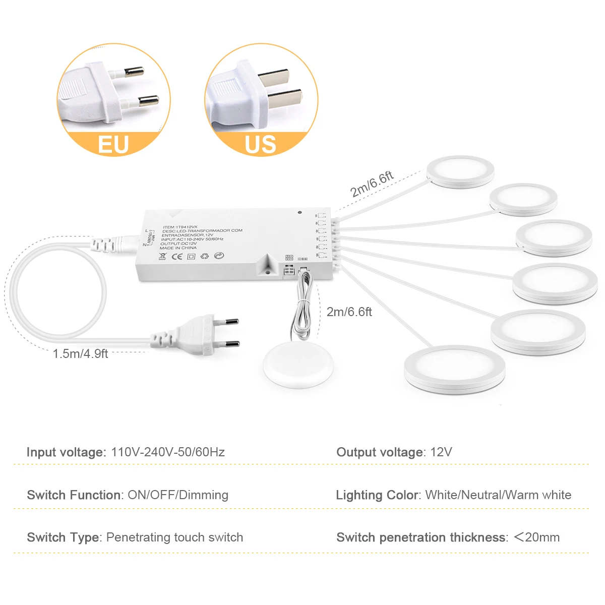 1-6PCS LED Under Cabinet Puck Lights White/Warm White/Neutral White Decor Mini Ceiling Lamp EU/US Plug