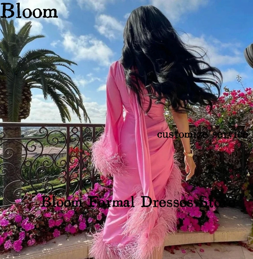 Bloom-vestidos de fiesta de plumas personalizados, manga larga hasta la rodilla, abertura lateral, vestidos de noche de lujo, vestido Formal de fiesta de boda