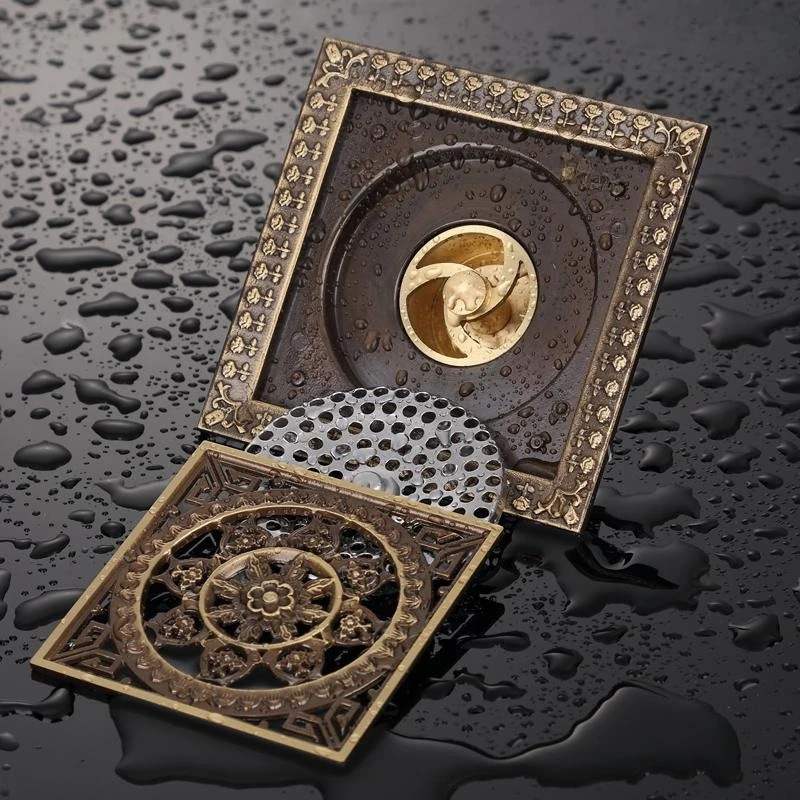Shower Drains 12*12cm Square Bath Drains Strainer Hair Antique Brass Art Carved Bathroom Floor Drain Waste Grate Drain