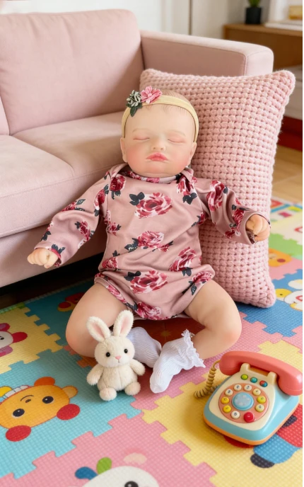 NPK 17'' Reborn Rosalie Schlafendes Baby Mädchen mit Stoffkörper/Ganzkörper Vinyl 3D-Bemalungshaut mit vielen Details Adern Bebe Toys