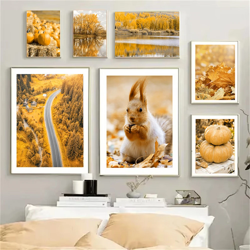 

Autumn Landscape Lake Forest Pumpkin Squirrel Leaves Wall Art Canvas Painting Posters And Prints Nordic Wall Pictures Home Decor