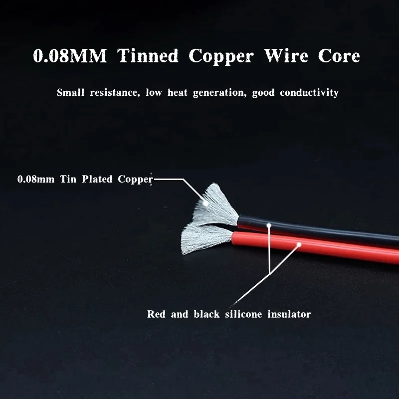 1/5M Copper Wire Silicone Rubber Cable Soft 30 28 26 24 22 20 18 16 14 12 10 8 AWG 2Pins Flexible DIY LED Connector Black Red