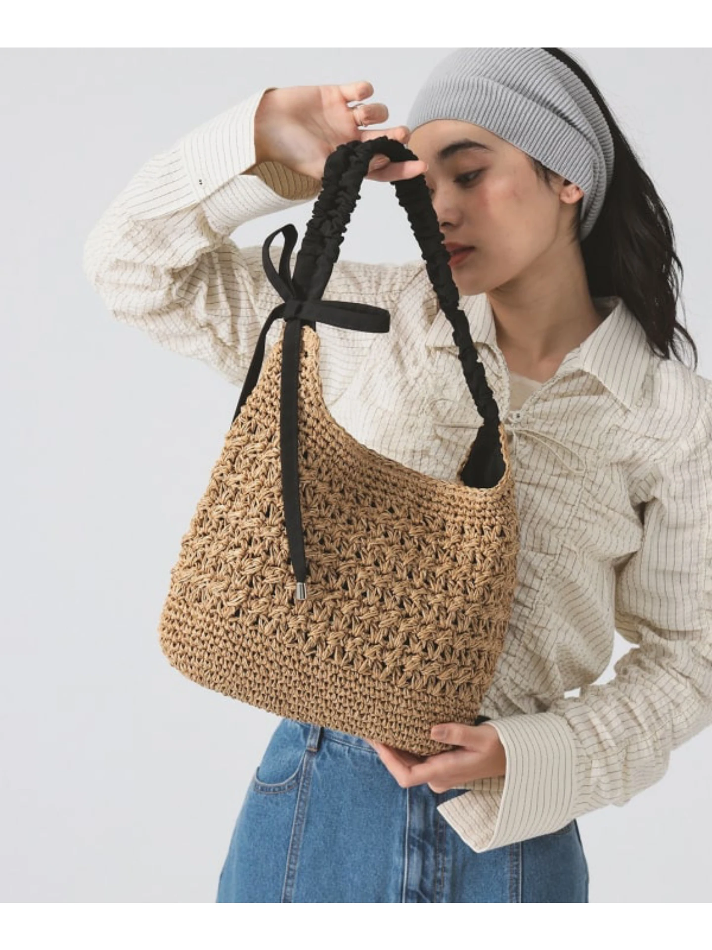 

Woven Bow Holiday Beach Shoulder Bag Japanese Style Women's Bags Summer Fashion Elegant Casual Handbags for Lady