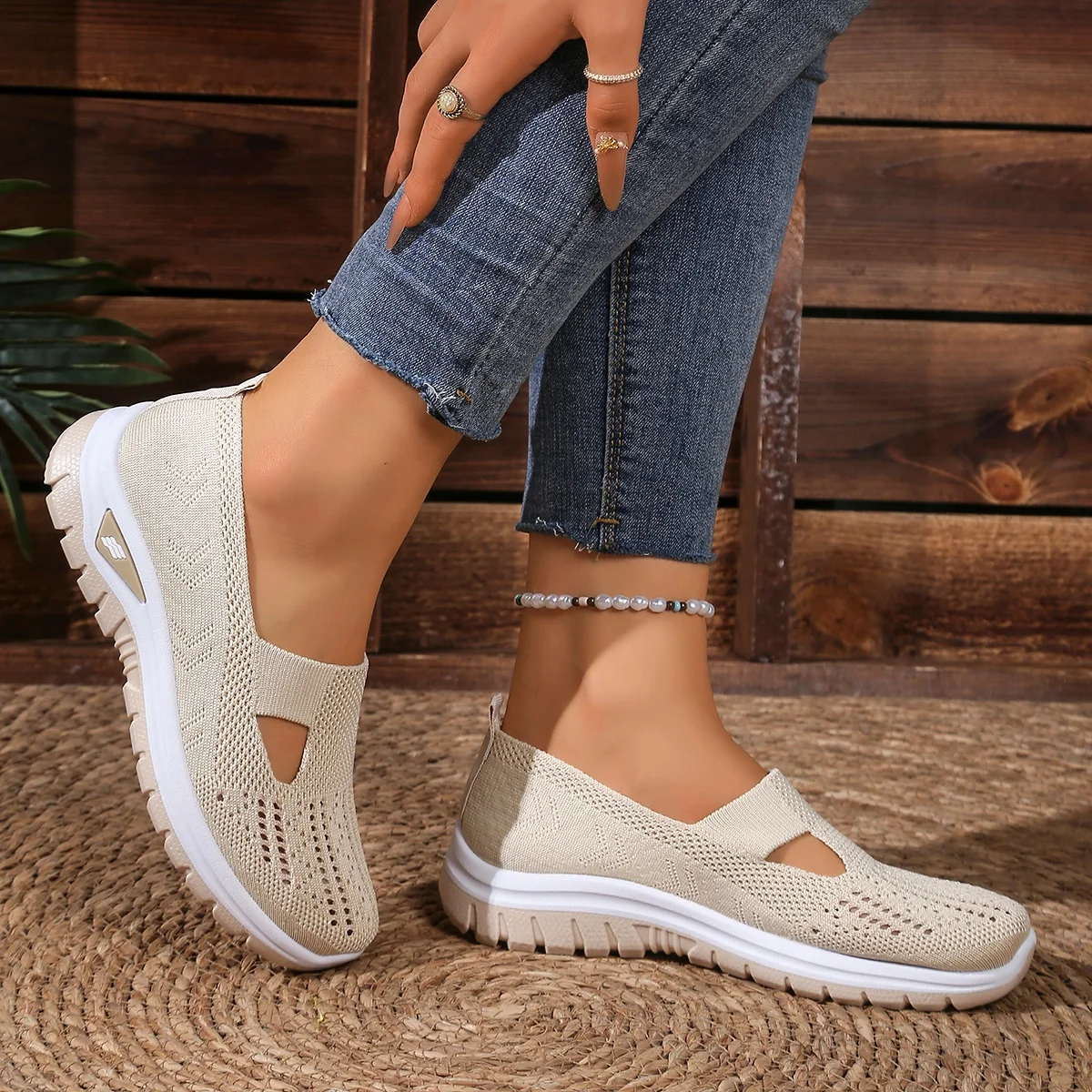 Summer Breathable Hollow Knit Women's Slip-On Shoes Non-Slip Lightweight Walking Sneakers Casual Mesh Loafers for Outdoor image 4
