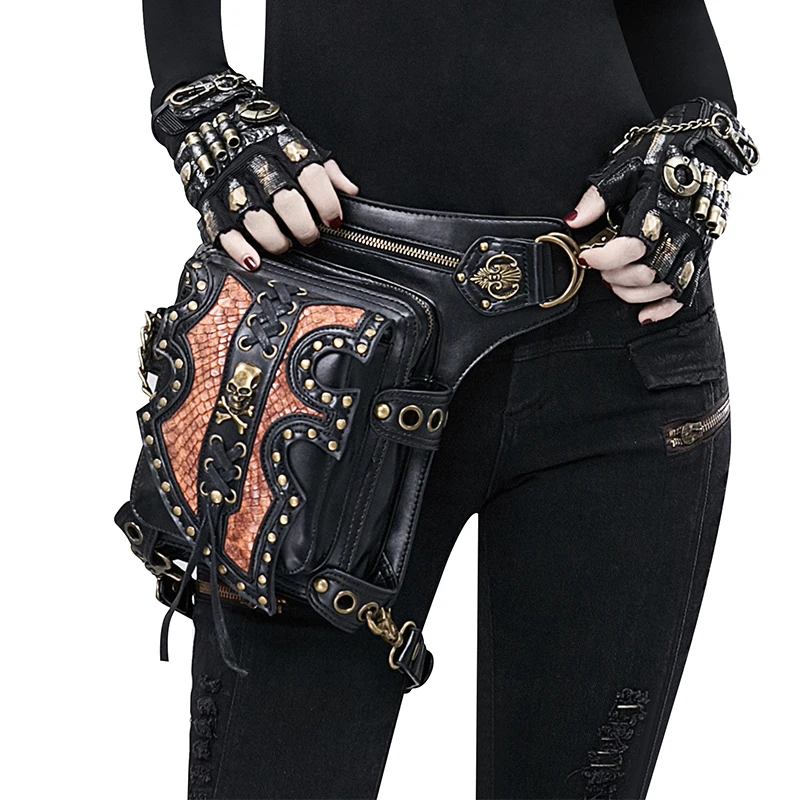 Gothic Rock Single Shoulder Bag Unisex Trendy Waist Bag Vintage Steam Punk Motorcycle Bag Soft PU Leather Magnetic Buckle Clo...