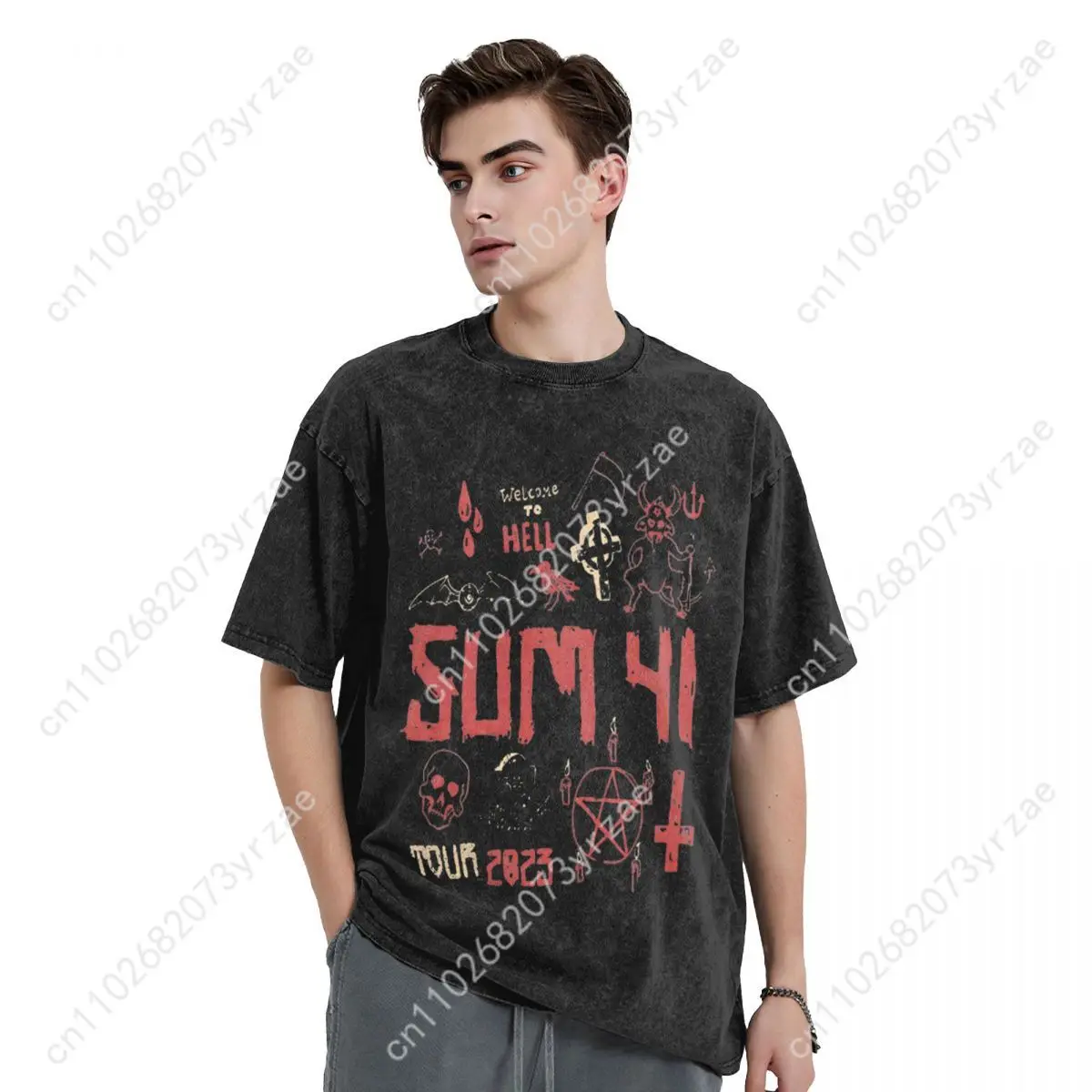 Sum 41 バンド レトロ ウォッシュ Tシャツ 男女兼用 高品質 ヴィンテージ Tシャツ コットン 半袖 ファッション Tシャツ ソフトで通気性のあるトップス