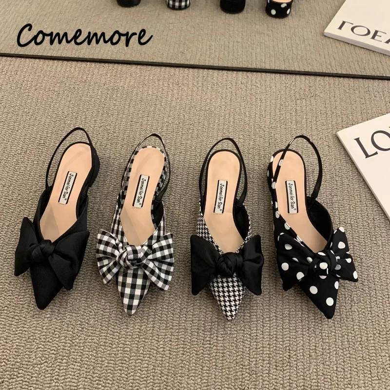 

Comemore Women Elegant 2023 Summer Pointed Low Heel Women Fashion Sandal High Heels Sandalias De Mujer Bow Sandals Heeled Shoes