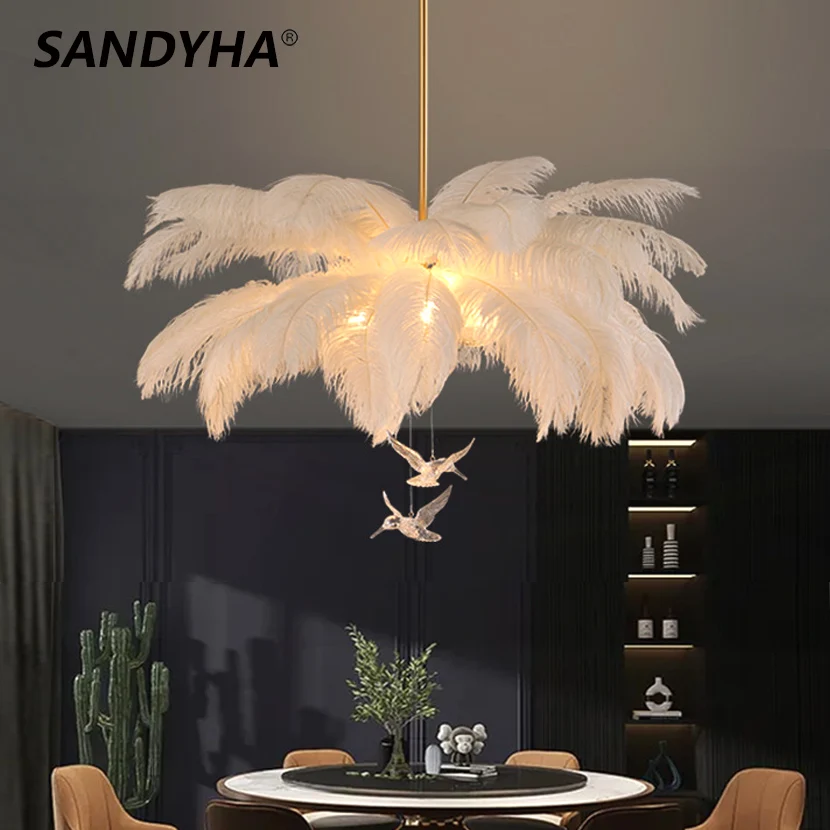 SANDYHA Luxury LED Ostrich Bird Feather Chandelier Lamp White Living Room Ceiling Light Home Decoration Hanging Lighting Fixture