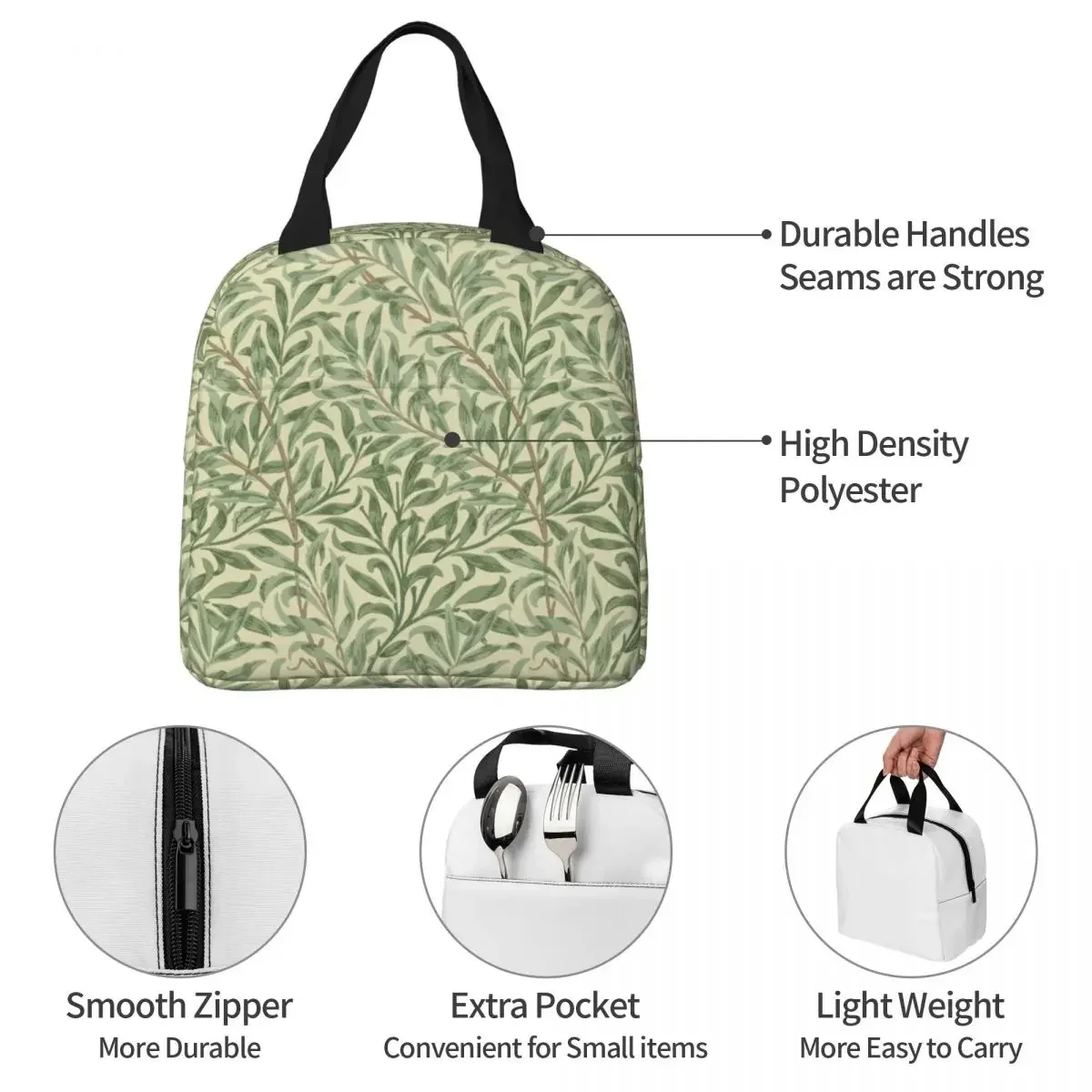 William Morris Willow Boughs Insulated Lunch Bag Thermal Bag Meal Container Vintage Green Plant Portable Tote Lunch Box Food Bag