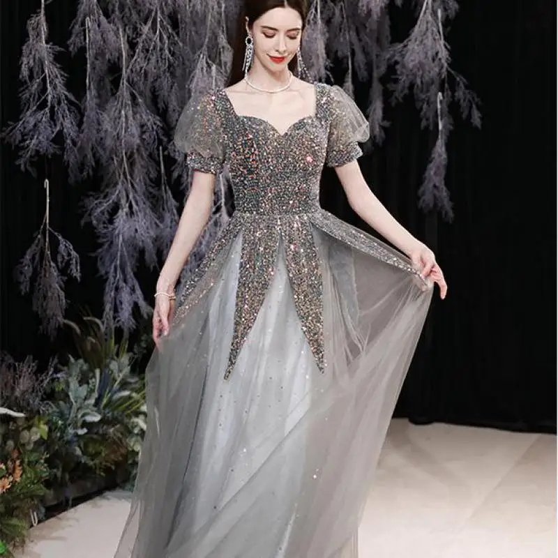 

Sequins Short Sleeve Women Prom Party Dressing Gown Summer New Sexy Lace Square Collar Qipao Vestidso Gray Patchwork Cheongsam