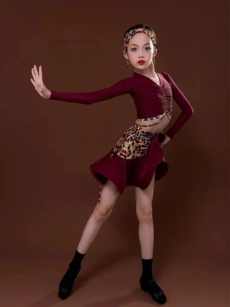 여아 라틴 댄스 의상 와인 레드 레오파드 스플릿 트레이닝복 키즈 차차 삼바 연습복 봄 여름 대회 공연복