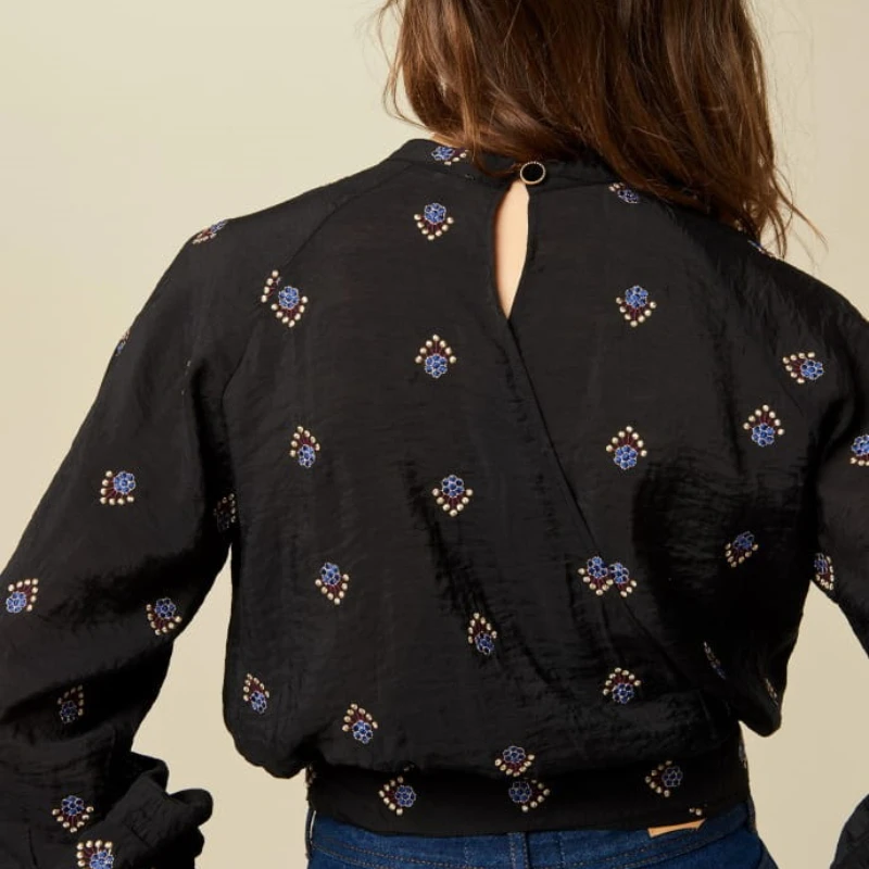 Sezanes 2025 spring and summer new black flowers embroidery pattern back hollow tie blouse women's shirt