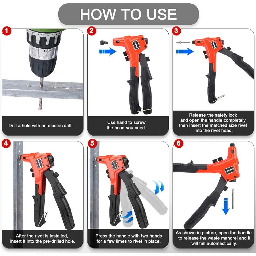 ヘビーデューティポータブルリベットガン、工具不要の交換可能なリベットヘッド4個付き、金属の修理や製作用途に最適、耐久性あり