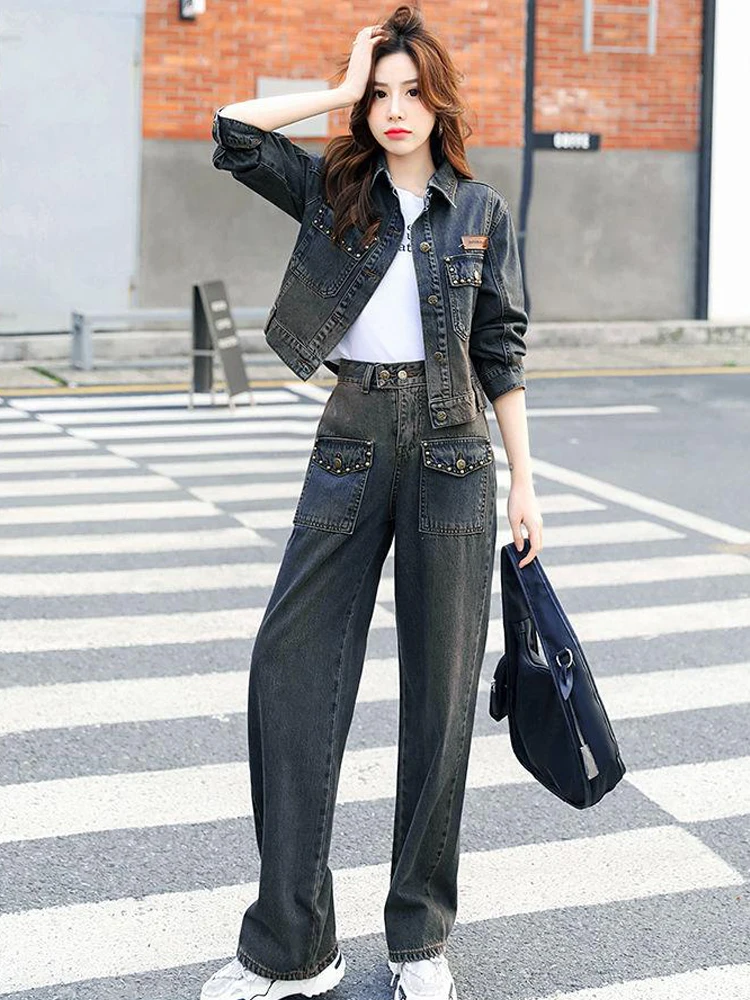 

2024 Autumn New Faionable Women's Denim Jaet Two-Piece Set Ele Lady Sle High-End Feeling Long Sve Button up Cotton