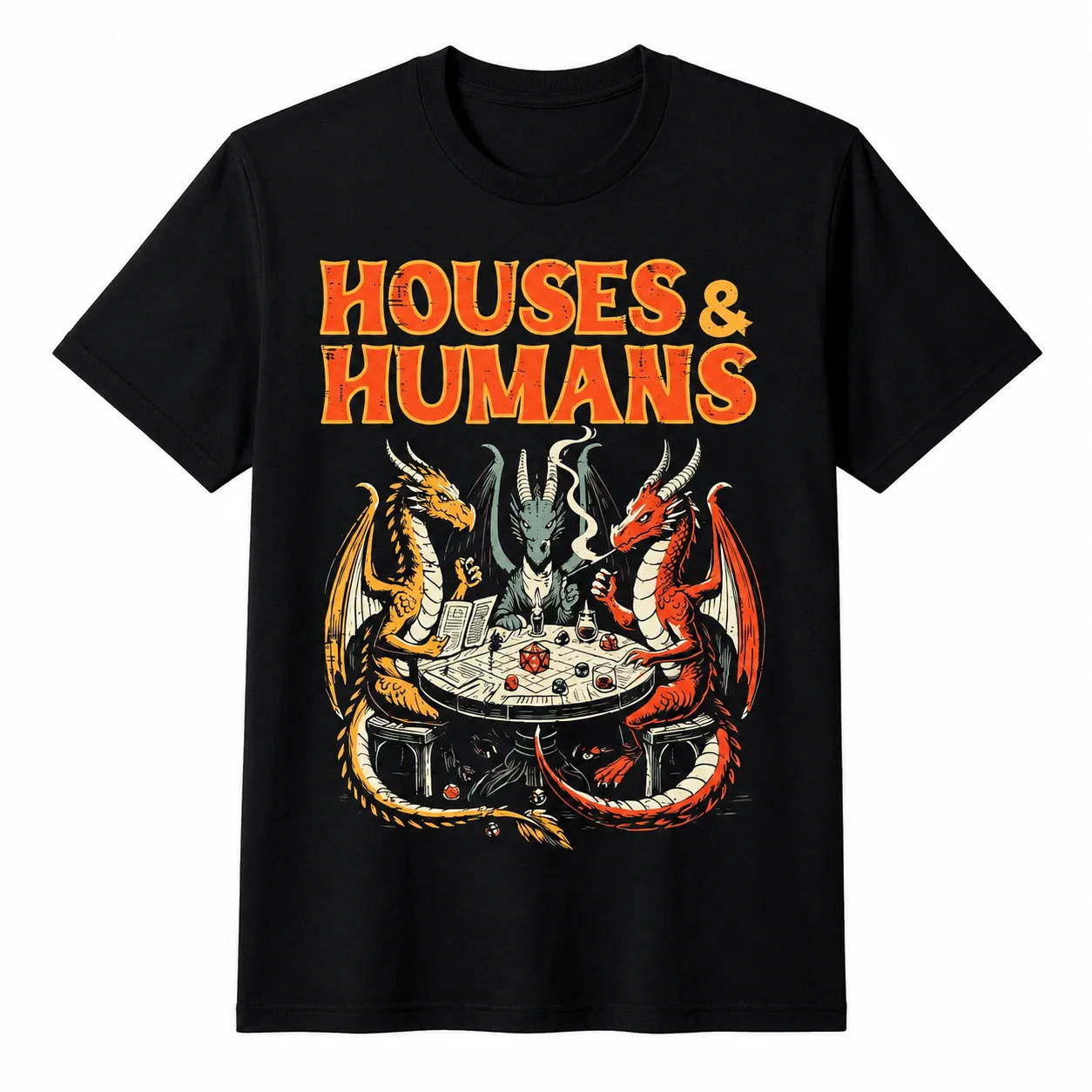 Men's Fun Dungeons & Dragons Themed T-Shirt, a Humorous Gamer Top Featuring Houses and Humans, Decorated with Dragon and Wizard Designs