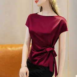 Korean Fashion Summer New Women's POLO Collar Solid Bandage Bow Pleated Irregular Temperament Loose Short Sleeve Shirts Tops