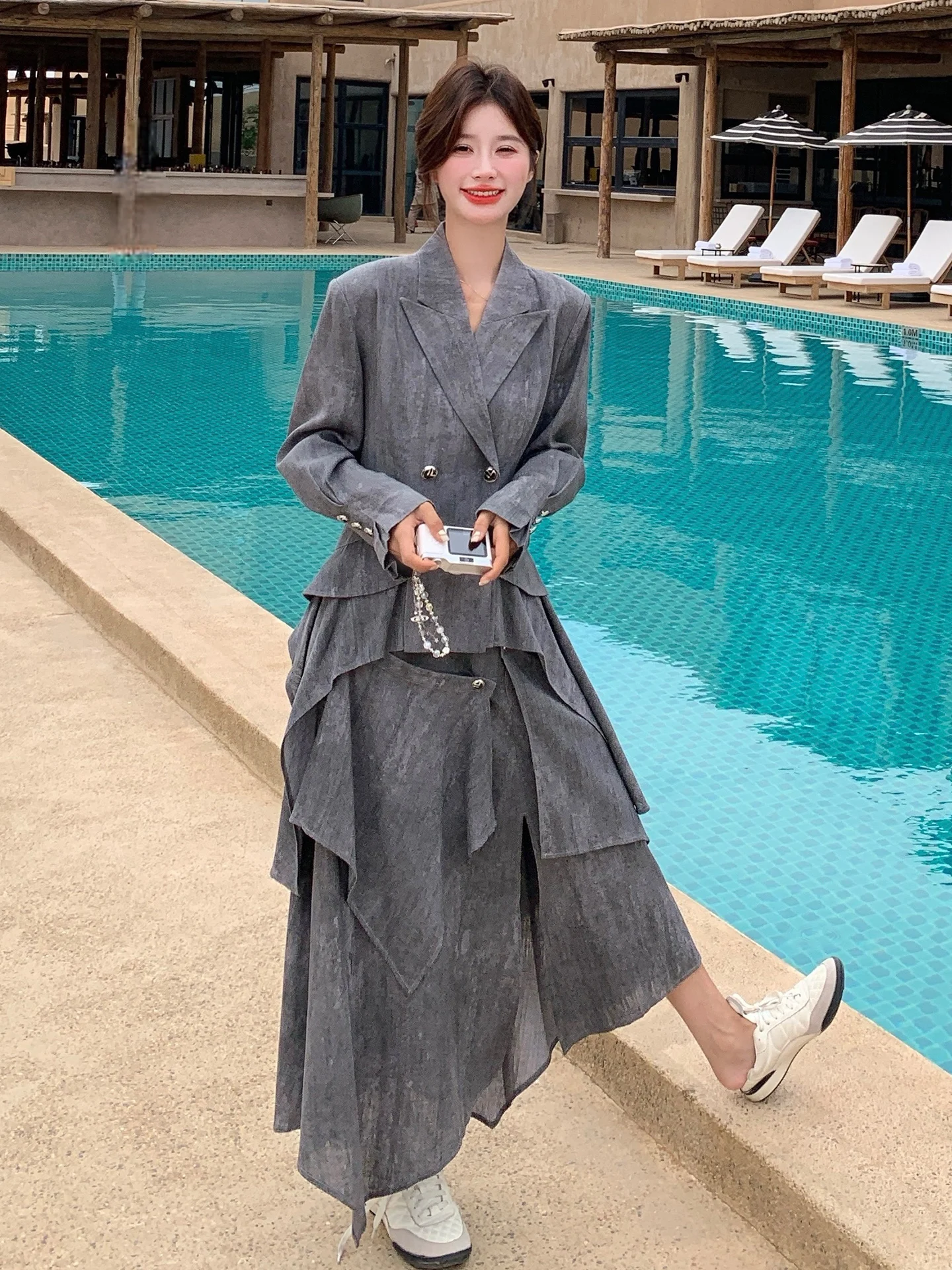 아이디언트 수트 세트 여성용 가을 2025 신상 고급스러운 느낌 비대칭 스커트 투피스 세트 캐주얼 슬레