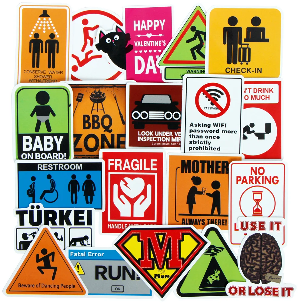 50PCS Spoof Street Sign Warning Sign Series Cartoon Graffiti Stickers  Luggage Laptop Ipad Skateboard Stickers